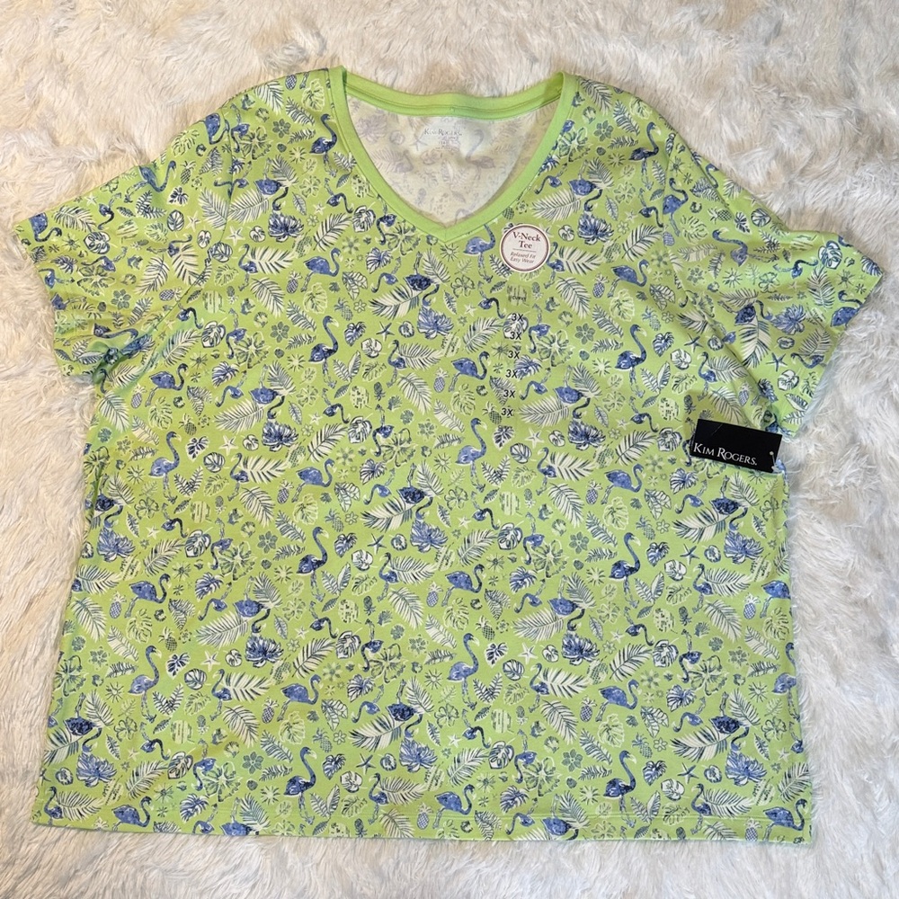 Kim Rogers Lime Green and Blue Floral/Flamingo v-neck Tee
